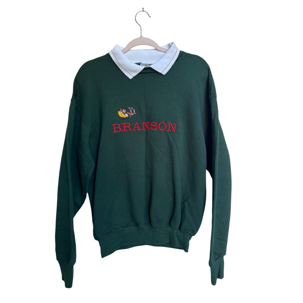 Branson Grandma‎ Green Collared Christmas Sweater Size Large Santa Sleigh
